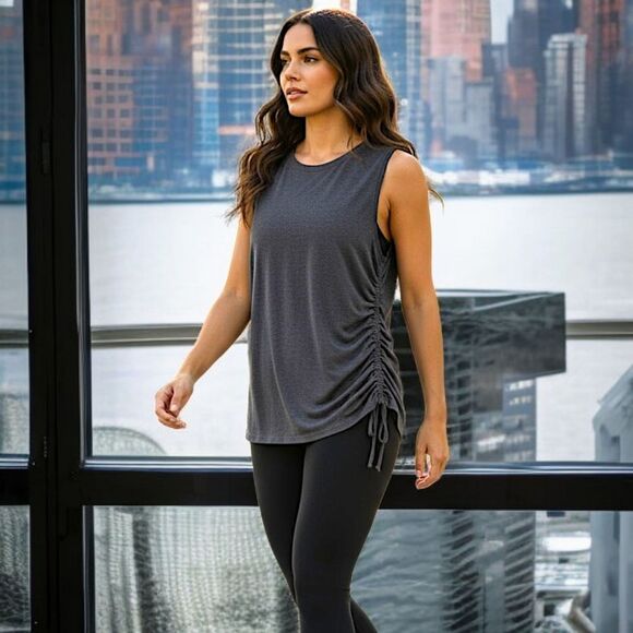 Athleta Ruched Side Tank Top L Dark Gray Sleeveless Athletic Drawstring Workout. - Picture 11 of 16